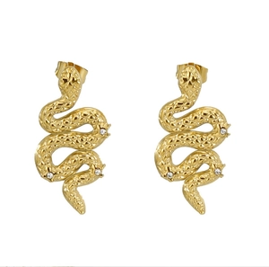 Detailed view of golden snake-shaped stud earrings with scale textures and clear zircon stones