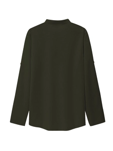 Detail view of the back of a men's dark green long sleeve polo shirt with roll-up sleeve buttons