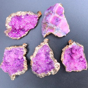 Five irregular purple natural crystal pendants with elegant gold trim edges and metal loops