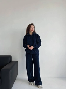 Ensemble de sport en polaire bleu foncé pour femme avec sweat à demi-zip et jogging