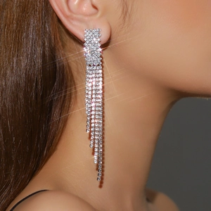 Macro view of long silver tassel earrings with sparkling rhinestones worn by a model