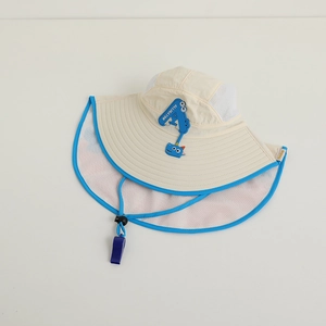 Detail of children's sun hat featuring neck flap, mesh vent, and blue whistle accessory
