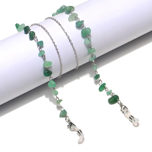 Detail of green aventurine stone chain with silver metal links and silicone loops