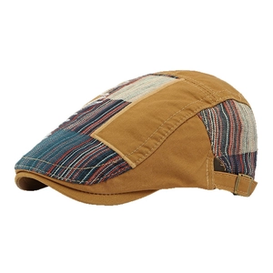Béret vintage en patchwork pour hommes et femmes en coton kaki avec des panneaux à rayures