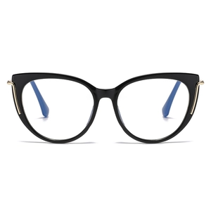 Fashionable black cat-eye sunglasses for women with gold metal details and blue light lenses