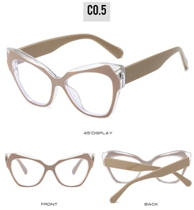 Three-angle view of cat-eye glasses frames in champagne and transparent contrast