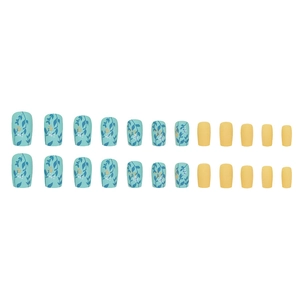 Matte künstliche Nägel mit blauem Blattmuster und gelbem Frosting-Effekt