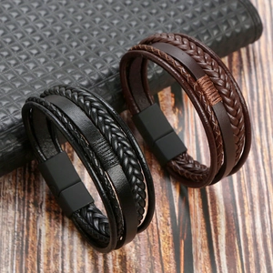 Men Vintage Multi Layer Braided Cowhide Leather Bracelet With Stainless Steel Magnetic Clasp Handmade Trendy Jewelry Accessory