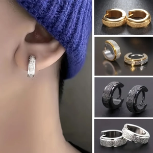 Stainless Steel Huggie Hoop Earrings Frosted Matte Finish Polished Edge Geometric Round Minimalist Punk Jewelry Men Women