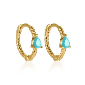 Detail of S925 silver gold earrings with rope texture and turquoise teardrop charms