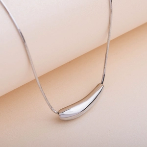 Macro detail of minimalist silver titanium steel eggplant pendant with polished finish