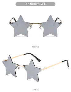 Front and 45-degree side view of frameless star-shaped sunglasses with grey lenses