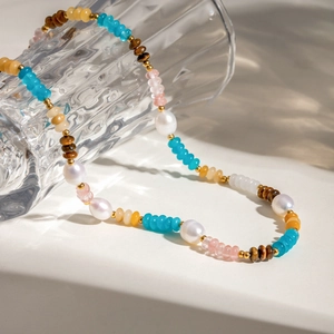 18k gold plated stainless steel necklace with colorful natural stone beads and pearls