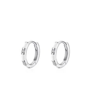 S925 sterling silver hoop earrings with white enamel and sparkling zircon accents