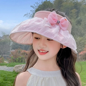 Pink girl's lace sun visor with bow and carrot detail for summer outdoor sun protection