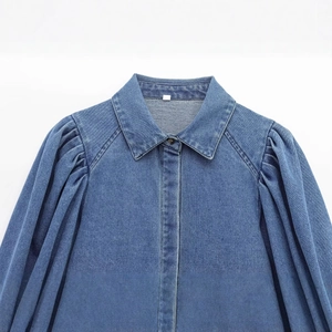 Classic blue cotton denim shirt featuring a turn-down collar and puff sleeve design