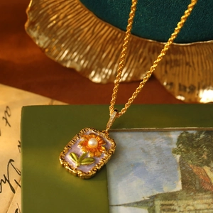 French vintage sunflower oil painting pendant necklace with freshwater pearl and gold chain