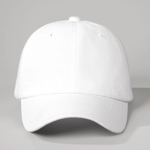 Front view of white cotton baseball cap showing six-panel crown and curved brim detail