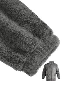 Close-up of the dark grey fleece fabric texture and stitching on the jacket sleeve