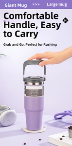 Detail of 30oz lavender vacuum insulated tumbler with convenient gray carry handle