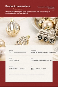Coffret de 65 boules de Noël or champagne avec pommes de pin et breloques en forme de train