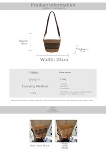 Detailed dimensions of the striped straw woven bucket bag with crossbody strap for summer