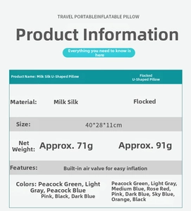 Detailed size chart comparing milk silk and flocking portable travel inflatable pillows