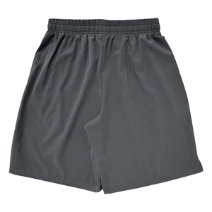 Detail view of the elastic waistband on charcoal gray quick-dry athletic shorts