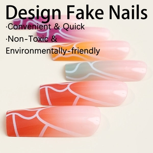 Extra long press-on nails with colorful wave patterns and white abstract line designs