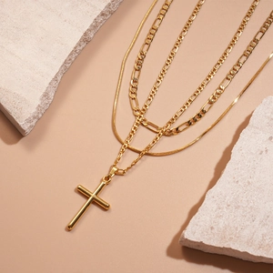 18k vergoldete zweilagige Halskette mit minimalistischem Kreuzanhänger für Damen