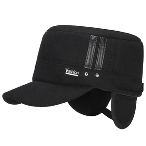 Winter wool flat top hat with metal V logo and ear flaps for cold weather protection