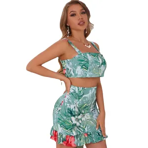 Women's tropical floral crop top and ruffle mini skirt two-piece summer vacation outfit