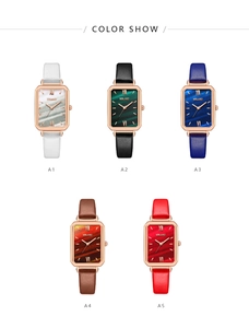 Five assorted rectangular women's quartz watches with leather straps in varied colors