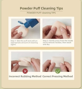 Detail guide showing cleaning steps for soft makeup sponges with water and cleanser