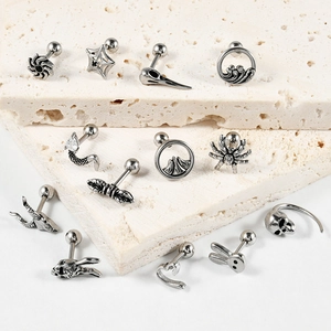 Gothic retro silver stud earrings featuring skull, spider, and snake zircon designs