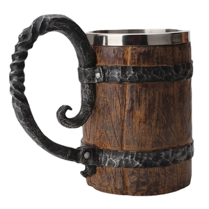Viking style wooden barrel mug with 304 stainless steel liner and twisted handle