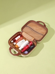 14-inch macaron mini suitcase cosmetic bag with mesh compartment and brown trim