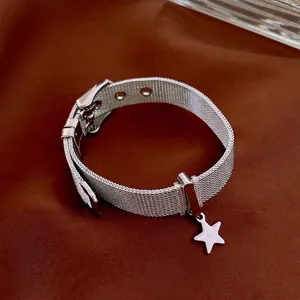 Alloy Woven Mesh Star Pendant Bracelet Adjustable Buckle Milanese Style Geometric Hand Jewelry For Women Silver Tone