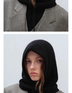 Detail of black knitted balaclava with drawstring paired with a grey textured blazer