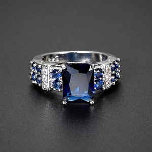 Detail of S925 sterling silver ring with large blue rectangle zircon and side stones