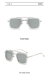 Detail view of silver square metal frame sunglasses with textured bridge and gray lenses