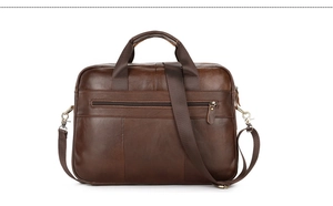 Close-up of vintage brown leather briefcase featuring durable stitching and metal hardware