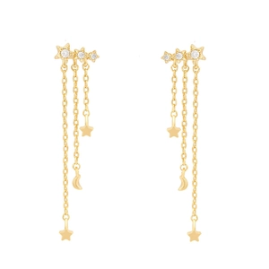 Elegant gold long tassel star and moon earrings featuring s925 silver needle posts
