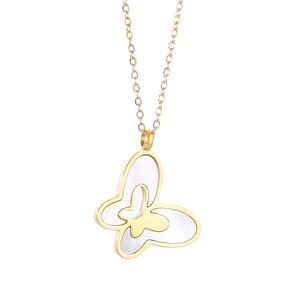 Golden stainless steel butterfly necklace with white shell pendant on white background
