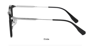 Detail view of modern black frames with silver metal temples and side structural design