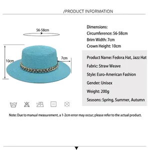 Chapeau de paille bleu clair avec chaîne acrylique dorée, taille 56-58cm pour les vacances