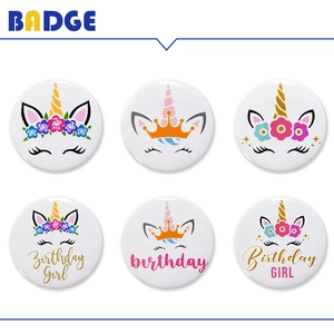 Set of six unicorn birthday badges featuring gold horns and flower crowns for girls party