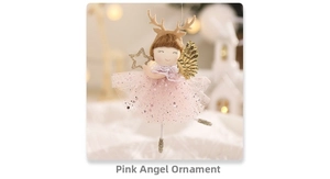 Pink Christmas angel pendant with golden wings, reindeer antlers, and sparkling tutu skirt