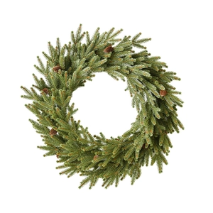 Classic green Christmas pine needle wreath with natural pine cones for holiday door decoration