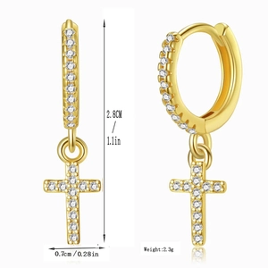 Golden cross hoop earrings with white zircons measuring 2.8cm high and 0.7cm wide